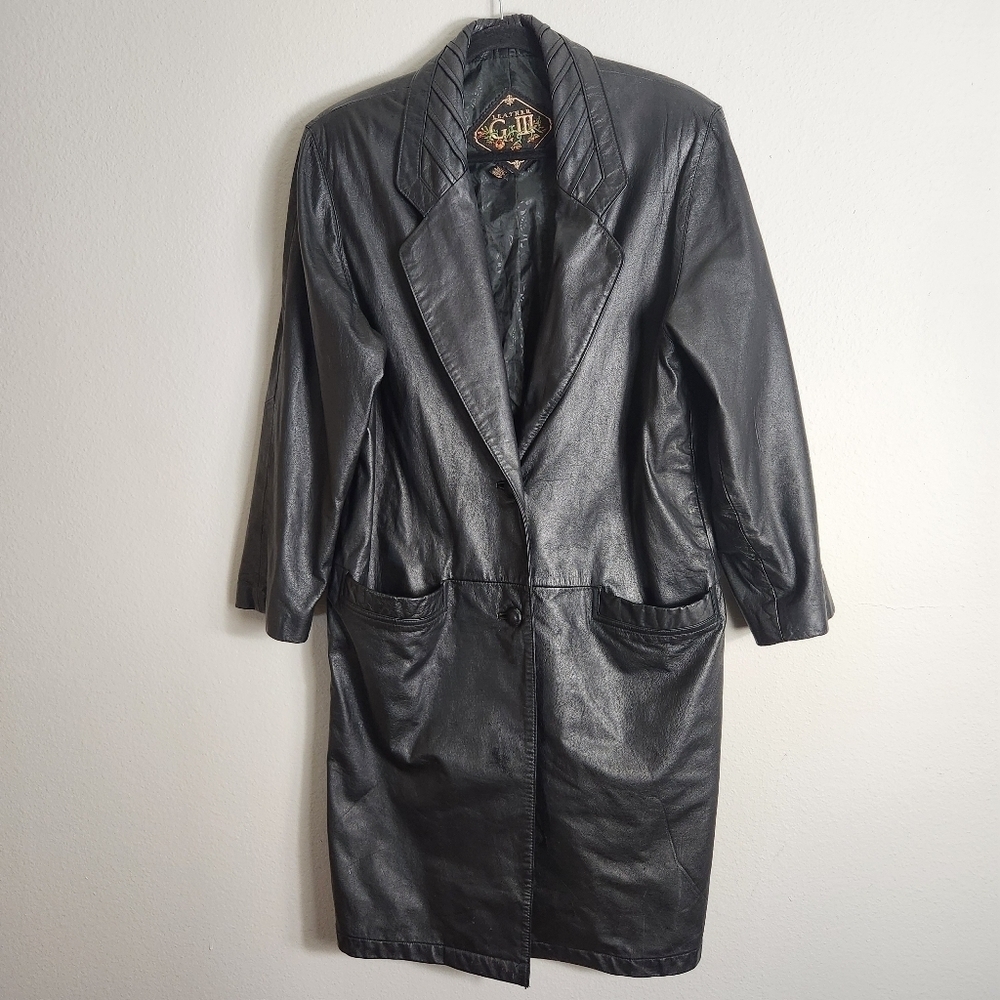 G-III Womens Vintage Black Leather Long Length Single Breasted Coat-Size S